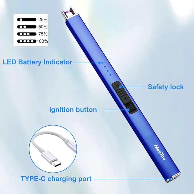 MeeToo Electric Candle Lighter Rechargeable Lighter Type-C Plasma Arc Lighters for Candle Camping Kitchen (Dark Blue)