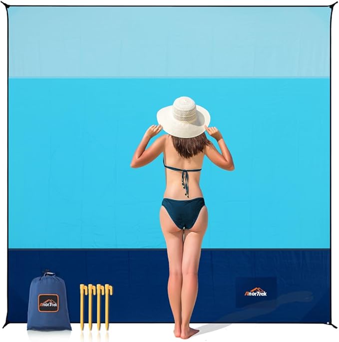 Beach Blanket Sandproof, Extra Large Beach Mat, Sand Free Mat Quick Drying, Lightweight, Soft & Durable Mat for Beach, Yard (Sky Blue & Blue & Dark Blue, 6.6 x 6.6 FT (1～4 Person))