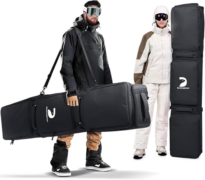 Waterproof Ski Bag with Wheels, Double Rolling Snowboard Bag for Air Travel Extendable From 155CM-187CM, with 3 Padded Outside Compartment Storage Helmet, Boots, Goggles, Jackets