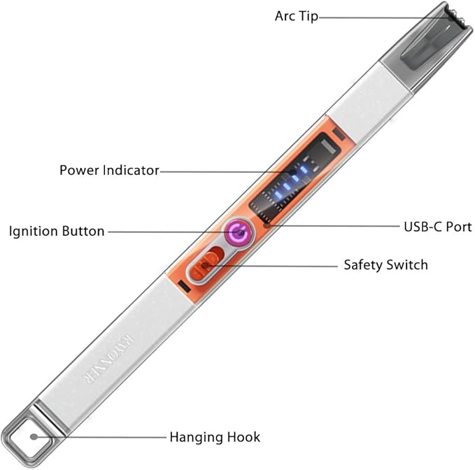 RAYONNER Electric Candle Lighter Plasma Arc Lighters Windproof & Flameless USB with Rechargeable Double Safety Switch for Candle BBQ Camping (1 Pack - White-Orange)