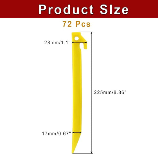 72 Pcs Plastic Tent Stakes, 9 Inch Heavy Duty Plastic Camping Stakes Tent Pegs for Sand, Beach, Woods, Yellow