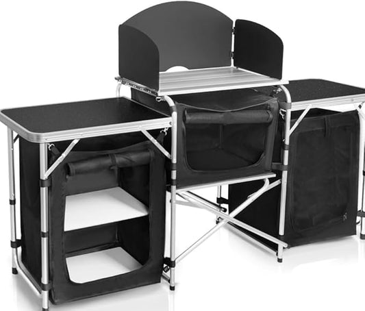 Camping Kitchen Table, Portable Aluminum Outdoor Cooking Station with 3 Storage Cupboards, Outdoor Cooking Table Ideal for Beach BBQ RV Traveling Camping Kitchen and Party (Black)