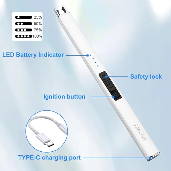 MeeToo Electric Candle Lighter Rechargeable Lighter Type-C Plasma Arc Lighters for Candle Camping Kitchen (White)