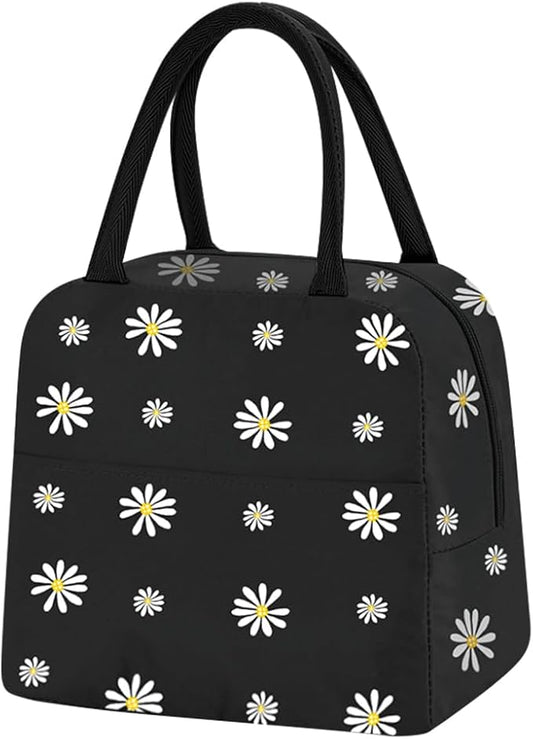 Womens Lunch Tote, Cute Black Daisy Men Lunch Bag Waterproof, Reusable Foil Fabric Cooler Bags Insulated for Work, Picnic, Outdoor