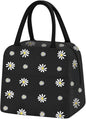 Womens Lunch Tote, Cute Black Daisy Men Lunch Bag Waterproof, Reusable Foil Fabric Cooler Bags Insulated for Work, Picnic, Outdoor