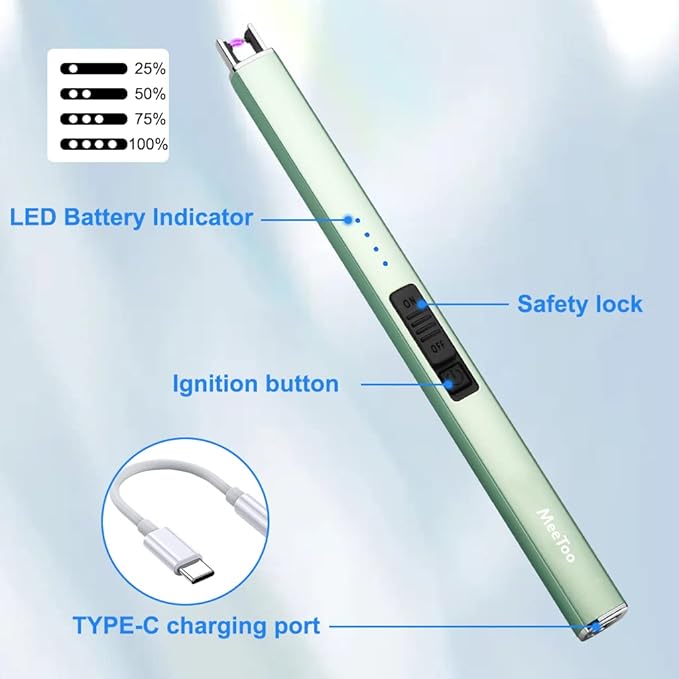 MeeToo Electric Candle Lighter Rechargeable Lighter Type-C Plasma Arc Lighters for Candle Camping Kitchen (Green)