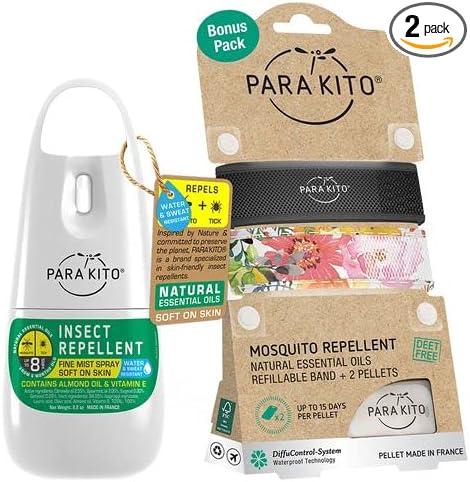 Para'Kito Mosquito Bonus Pack - 2 Mosquito Wristbands | 2 Refills (Black + Flowery) + Insect Repellent Spray