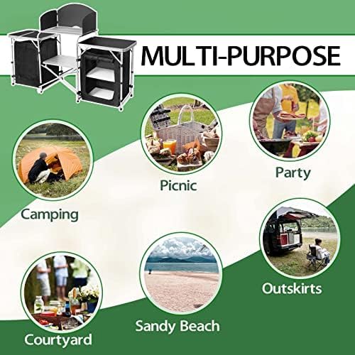 Camping Kitchen Table, Portable Aluminum Outdoor Cooking Station with 3 Storage Cupboards, Outdoor Cooking Table Ideal for Beach BBQ RV Traveling Camping Kitchen and Party (Black)