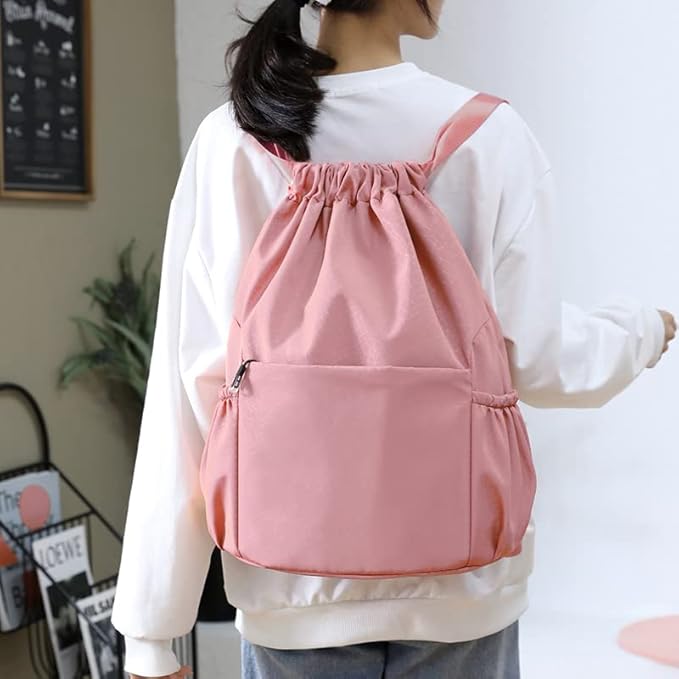 Drawstring Backpack Waterproof Small Gym Bag for Women String Backpack, Sports Gym Sack Cinch Bag with Multi Pockets (Pink)