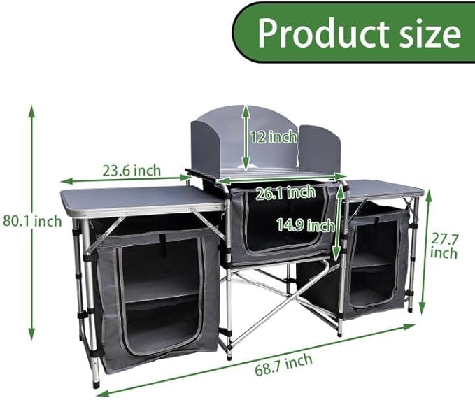 Camping Kitchen Table, Portable Folding Aluminum Cooking Table with 3 Storage Cupboards and Carrying Bags, Outdoor Cooking Station for Beach BBQ RV Traveling Camping Party (Silver)
