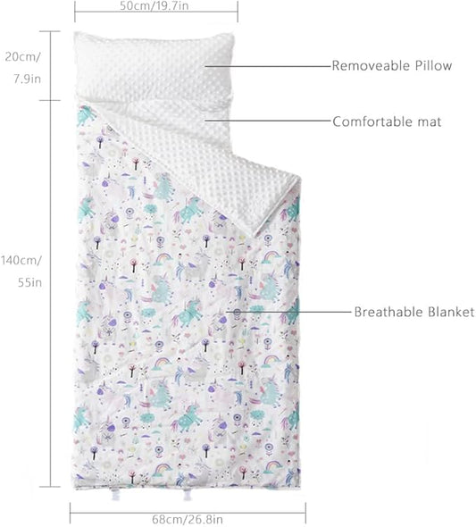 Bunnikins & Clover Toddler Nap Mat with Removable Pillow, Nap Mats for Preschool, Easy Clean Toddler Nap Pad for Kindergarten, Kids Sleeping Bag for Travel Camping