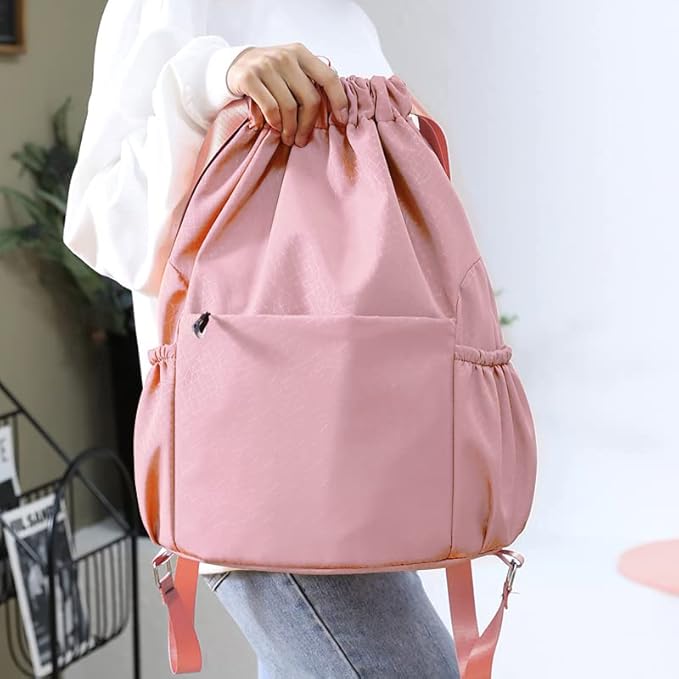 Drawstring Backpack Waterproof Small Gym Bag for Women String Backpack, Sports Gym Sack Cinch Bag with Multi Pockets (Pink)