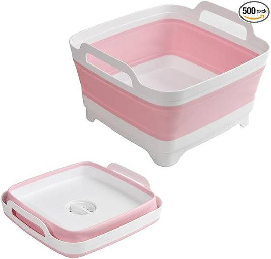 Collapsible Dish Basin Foldable Kitchen Sink With Drain Plug Plastic Laundry Tub 9L/2.4Gal RV & Camping Wash Basin Space-Saving Bottle Washing Sink (Pink)
