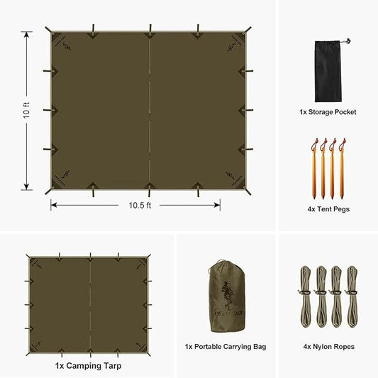 FREE SOLDIER Olive-Green 10x10.5ft Waterproof UV Protection Camping Tarp Shelter with Tent, Stakes, Ropes