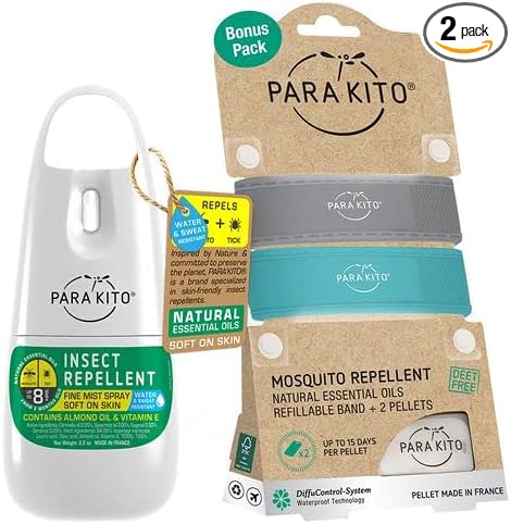 Para'Kito Mosquito Bonus Pack - 2 Mosquito Wristbands | 2 Refills (Grey + Turquoise) + Insect Repellent Spray