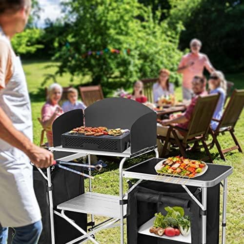 Camping Kitchen Table, Portable Aluminum Outdoor Cooking Station with 3 Storage Cupboards, Outdoor Cooking Table Ideal for Beach BBQ RV Traveling Camping Kitchen and Party (Black)