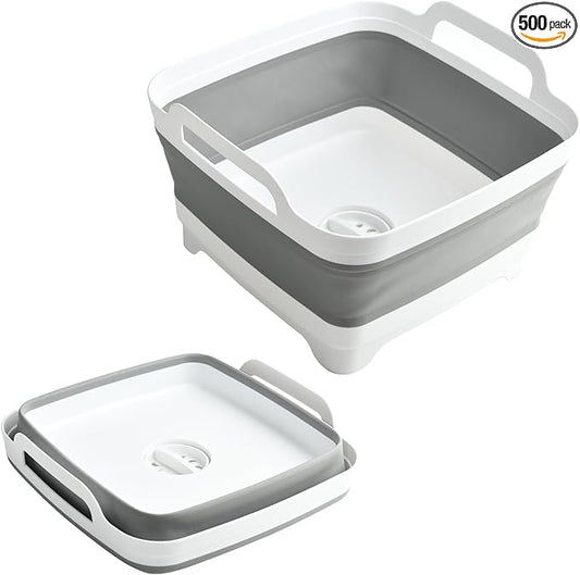 Collapsible Dish Basin Foldable Kitchen Sink With Drain Plug Plastic Laundry Tub 9L/2.4Gal RV & Camping Wash Basin Space-Saving Bottle Washing Sink(Gray)