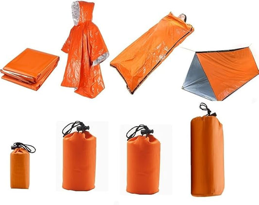 Emergency Shelter Sets, Survival Shelter 1 Survival Tent 1 Mylar Blankets 1 Emergency Sleeping Bag 1 Poncho for Outdoor Carcar Kits, Camping, Hiking