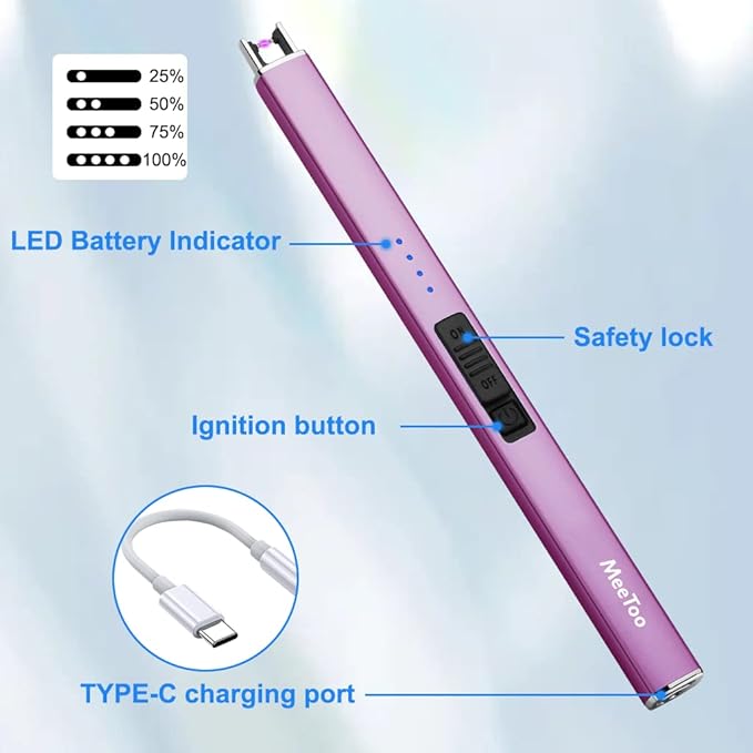 MeeToo Electric Candle Lighter Rechargeable Lighter Type-C Plasma Arc Lighters for Candle Camping Kitchen (Purple)