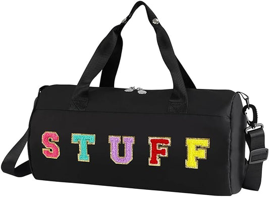Chenille Letter Stuff Tote Bag 16 Inch, Small Gym Duffle Bag for Travel Dance Sports Workout Camping, Carry On Cheer Ballet Overnight Weekender Bags Birthday Gifts for Girls Kids Teens Women - Black