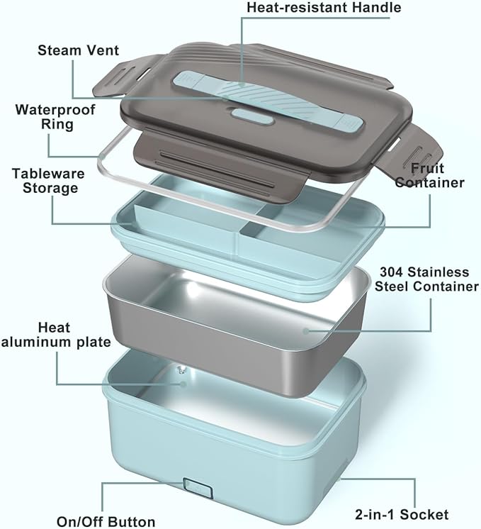 Monteka Electric Lunch Box Food Heater, New 100W High Power Portable Food Warmer, Heated Lunch Box for Adults Car/Home with 1.8L Removable Stainless Steel Container, 12V/24V/110V/220V