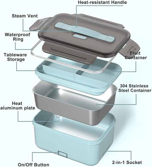 Monteka Electric Lunch Box Food Heater, New 100W High Power Portable Food Warmer, Heated Lunch Box for Adults Car/Home with 1.8L Removable Stainless Steel Container, 12V/24V/110V/220V