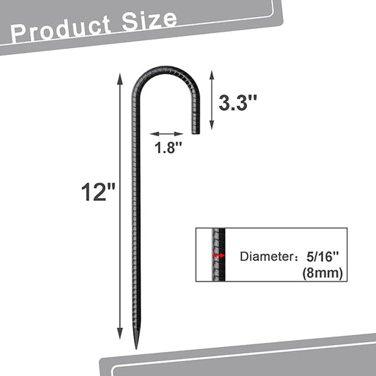 Rebar Stakes 12 Inch 10 Pack Tent Stakes Heavy Duty Metal J Hook, Fence Stakes for Trampoline, Fence, Camping Tent (32, J-12 x5/16 Black)