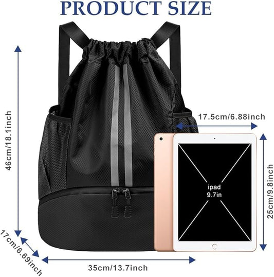 Drawstring Backpack, Waterproof Sports Backpack, Large Sports Gym Bag With Shoe Compartment and Water Bottle Mesh Pockets, for Sports Beach Holidays Swimming Travel (Black)