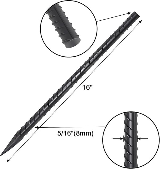 VVOKGO Rebar Stakes 16 Inches Rebar Stakes (12pcs) Ground Anchors Steel Plant Support Garden Stake Metal Straight Camping Spikes with Chisel Point End, Black