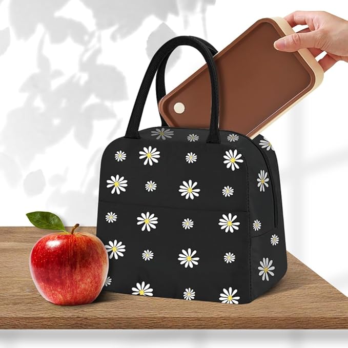 Womens Lunch Tote, Cute Black Daisy Men Lunch Bag Waterproof, Reusable Foil Fabric Cooler Bags Insulated for Work, Picnic, Outdoor