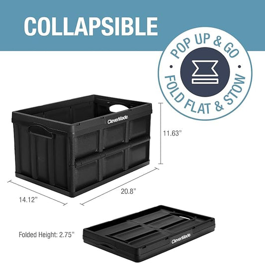 CleverMade Collapsible Storage Bins - Obsidian 3 Pack 46L - Stackable Containers Heavy Duty Capacity Folding Crates - Space-Saving for Home