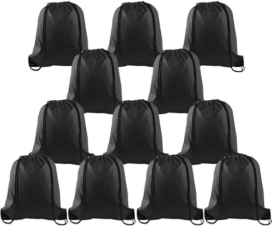 KUUQA 12 Pcs Drawstring Backpack Bags Sport Gym Sack Cinch Bags Bulk for School Traveling and Storage (Black)