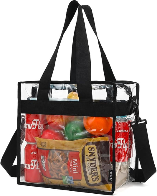 Flowfly Clear Bag Stadium Approved, Clear Beach Lunch Bag for Work Sports Festival - 2 Handles, Adjustable Strap, Zipper Closure, Clear