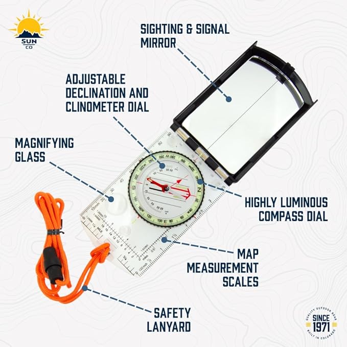 Sun Company ProSight Sighting Map Compass with Adjustable Declination - Lightweight Orienteering Baseplate Compass for Hiking, Backpacking, and Survival Navigation | Professional Grade Compass