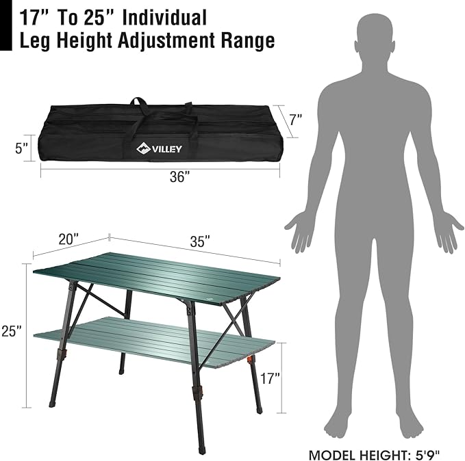 VILLEY Portable Camping Table with Adjustable Legs, Lightweight Aluminum Folding Beach Table with Carrying Bag for Outdoor Cooking, Picnic, Beach, Backyards, BBQ and Party