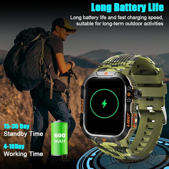 QTLLBT Men's Military Smart Watch HD LED Altimeter Barometer Fitness Tracker Sports Watch with Heart Rate SpO2 Pressure Sleep Monitoring Function Men Women Watch