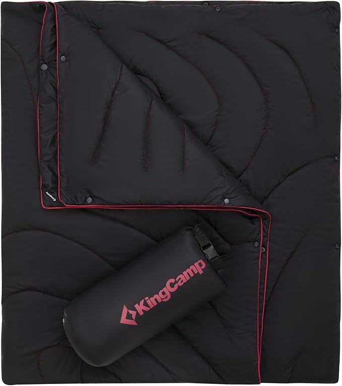 KingCamp Lightweight Camping Blanket - Stylish & Multifunctional Quilt with Snap Button, Portable for Travel, Airplane, Indoor & Outdoor - Provides Warmth - Black