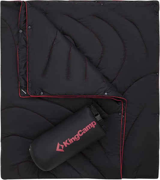 KingCamp Lightweight Camping Blanket - Stylish & Multifunctional Quilt with Snap Button, Portable for Travel, Airplane, Indoor & Outdoor - Provides Warmth - Black