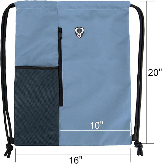 Drawstring Backpack Sports Gym Bag for Women Men Large Size With Two Zipper Pockets and Water Bottle Mesh Pockets