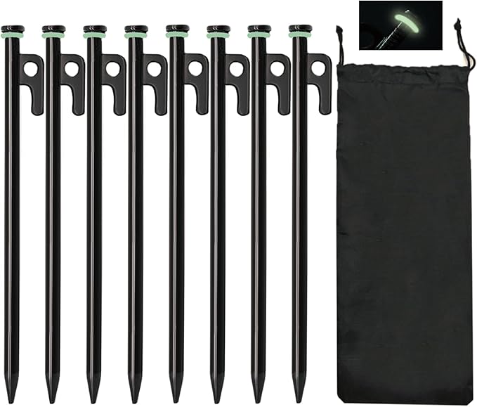 Tent Stakes, 8Pcs 10in Heavy Duty Forged Steel Tent Stakes +Storage Pouch, Metal Tent Stakes, Metal Stakes for Tent Used on Rocks, Grassland, Dessert, Stormy Weather（8Pcs 10in Tent Stakes）