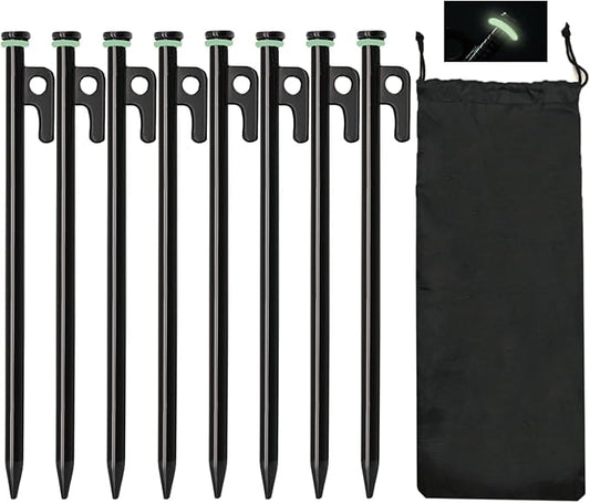 Tent Stakes, 8Pcs 10in Heavy Duty Forged Steel Tent Stakes +Storage Pouch, Metal Tent Stakes, Metal Stakes for Tent Used on Rocks, Grassland, Dessert, Stormy Weather（8Pcs 10in Tent Stakes）