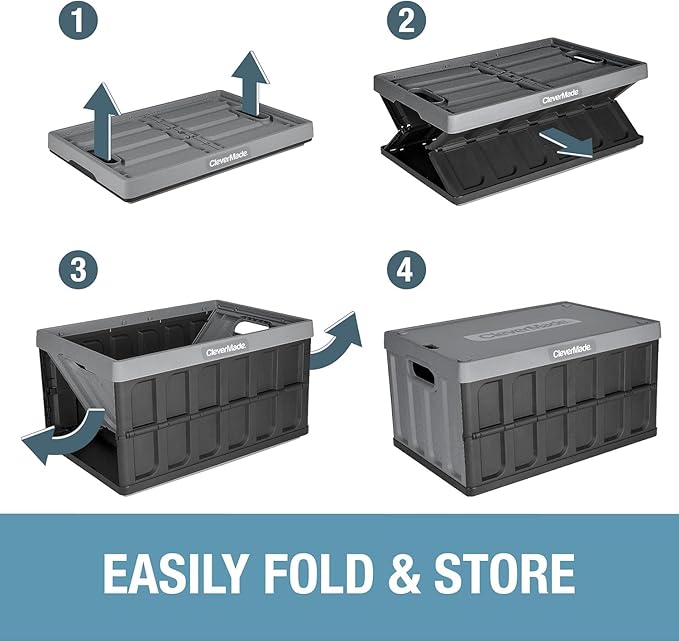 CleverMade Collapsible Storage Bins with Lids - Obsidian 3 Pack 46L- Plastic Containers Stackable Organization Crates Home Closet Space-Saving Durable