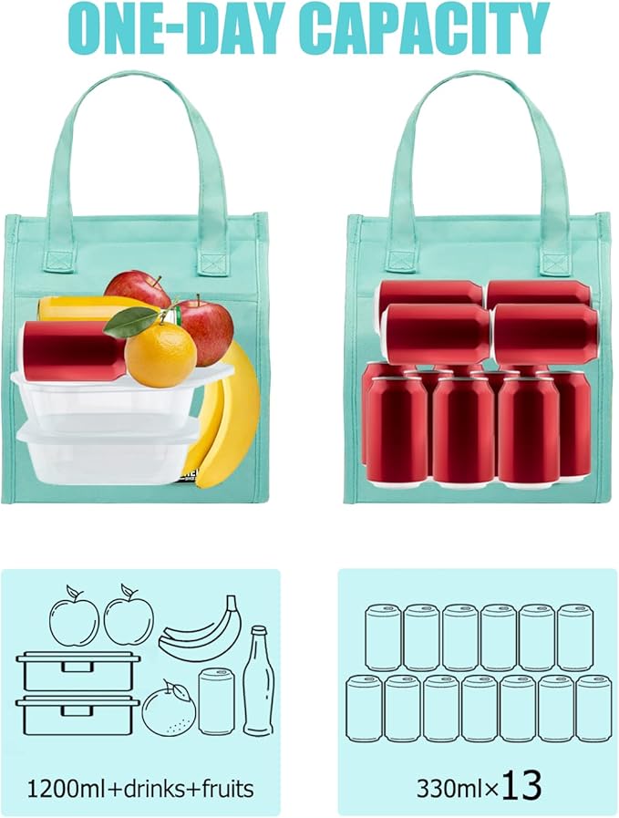 Fmeida Insulated Lunch Bag for Women, Simple Lunch Bag, Thermal Adult Lunch Totes, Reusable Lunch Boxes for Office College Beach Travel | Medium Mint Blue, Front&Side&Interior Pockets