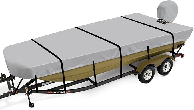 Jon Boat Cover 14 ft, 900D Heavy Duty Trailerable Waterproof Jon Boat Cover 14 Foot with Motor Cover, Marine Grade Canvas,Gray