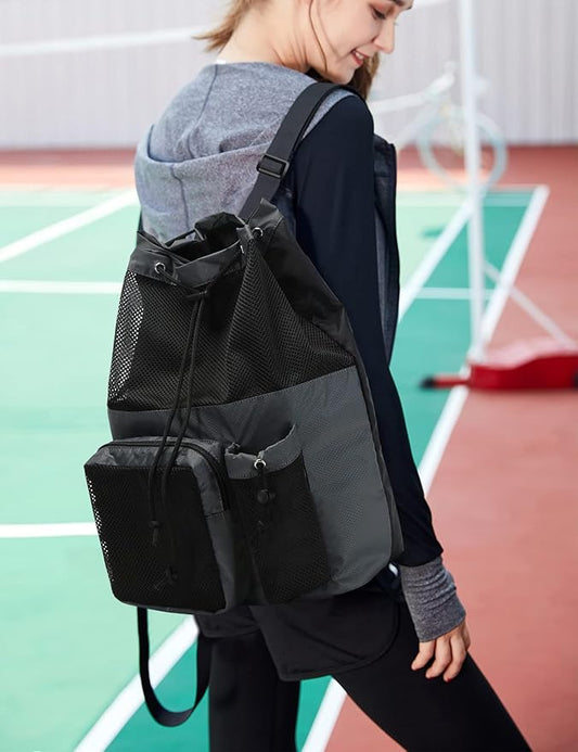 Lohol Large Mesh Drawstring Backpack with Shoe Bag, Durable Swimming String Sack with Handle for Sports Gym Yoga Beach Travel