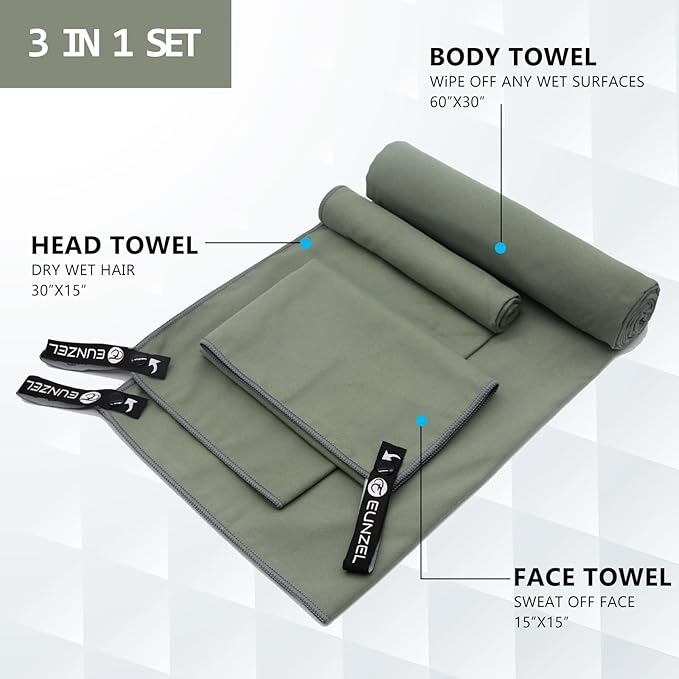 Eunzel 2 Pack Quick Dry Camping Towel, Microfiber Travel Towel 3 Size at 1 Pack,Fast Drying Towel Set for Camping, Beach, Gym, Sports, Yoga & Swimming Pool, Army Green/Orange