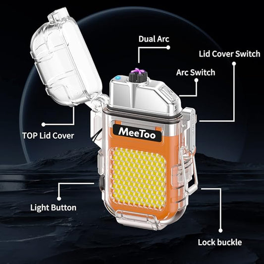 MeeToo Electric Lighter Rechargeable Lighter Waterproof Plasma Dual Lighters 3 Modes of Flashlight Type-C with Survival Emergency Whistle and Lanyard for Candle Camping Outdoor (Orange)