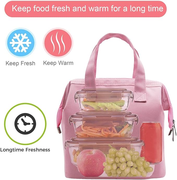 Mziart Insulated Lunch Bag Simple Bento Cooler Bag Lunch Tote Bag for Lunch Box for Women Men Adult Picnic Working Hiking Beach (Pink)