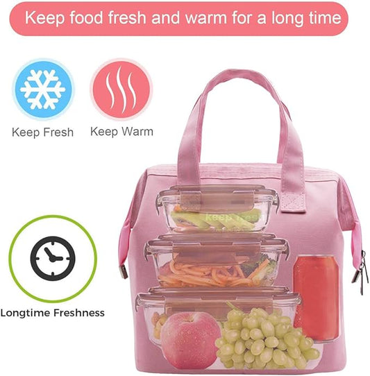 Mziart Insulated Lunch Bag Simple Bento Cooler Bag Lunch Tote Bag for Lunch Box for Women Men Adult Picnic Working Hiking Beach (Pink)