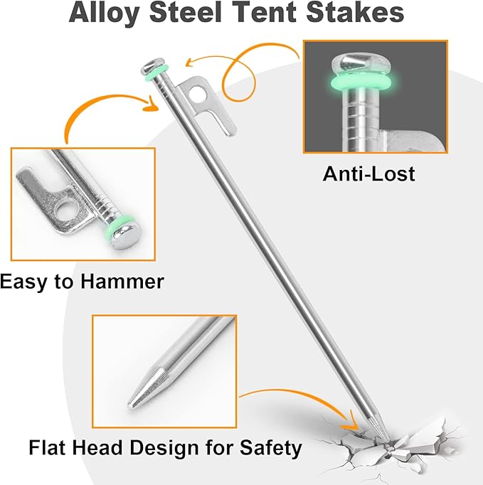 Tent Stakes and Hammer Set,10pcs 10 in Heavy Duty Metal Tent Stakes + 12in Camping Hammer + Reflective Camping Rope + Storage Bag,Camping Accessories for Ground,Camp and Graden (Silver)